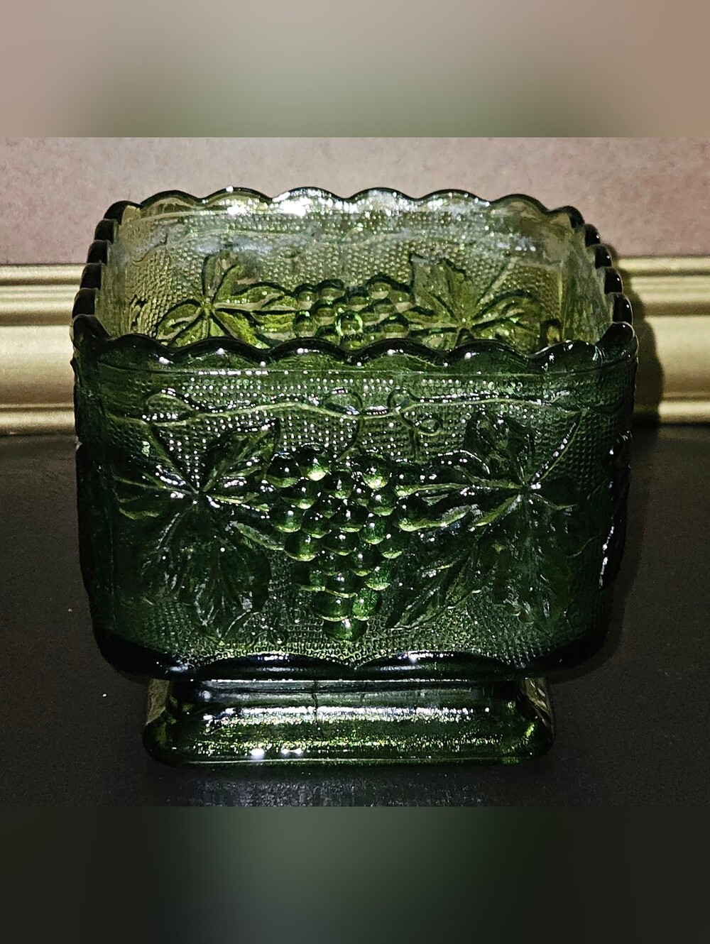 Vintage Anchor Hocking Green Glass Compote Planter with Grape Motif